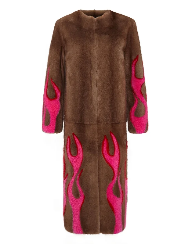 Hell Flames Intarsia Mink Fur Long Coat