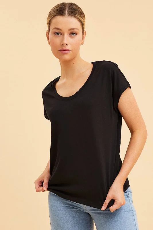 Black Relaxed T-Shirt Scoop Neck Drop Shoulder