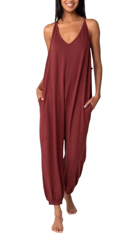 French Terry Tie Back Jumpsuit In Rust