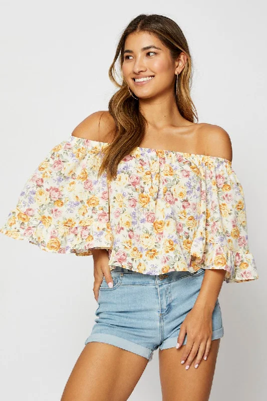 Print Peplum Top Off Shoulder Off Shoulder