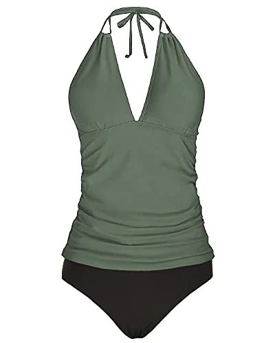 Women's V Neck Tankini Top Tummy Control Halter Swimsuit-Olive Green