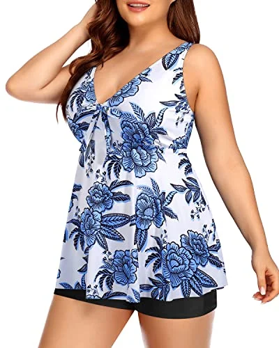 Tummy Control Swimwear Flattering Fit For Ladies-White And Blue Floral