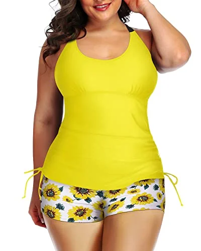 Strappy Hollow-Out Back Plus Size Tankini Swimsuit-Yellow And Sunflower