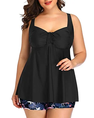 Slimming Plus Size Tankini Swimsuits Boy Shorts For Women-Black Flamingo