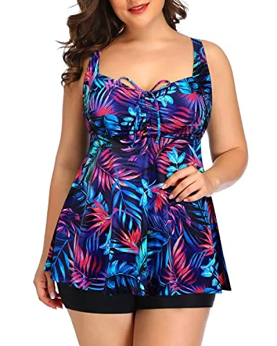 Tankini Swimsuits Bowknot Plus Size Flowy Swimwear For Women Shorts-Blue Purple Leaves