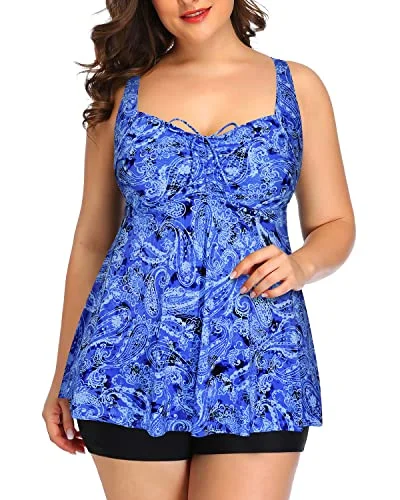 Adjustable Strap Plus Size Tankini Swimsuits For Women-Blue Tribal