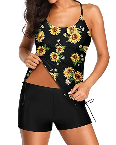 Drawstring Tie Side Athletic Tankini Modest Coverage For Women-Black And Sunflower