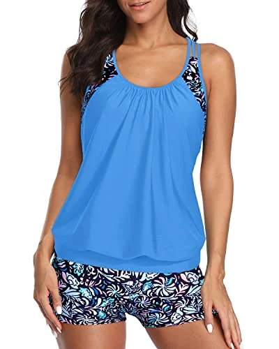 Layered Design Tankini Tops Long Swim Shorts For Women-Blue Floral