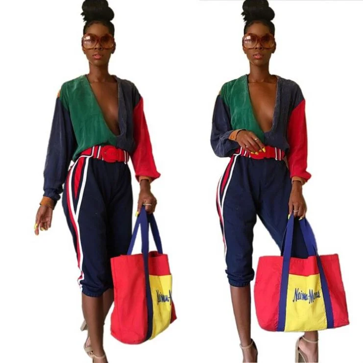 9S03869 deep V neck contrasting color loose knee length Rompers 2019 Womens Jumpsuits Sexy Bodycon