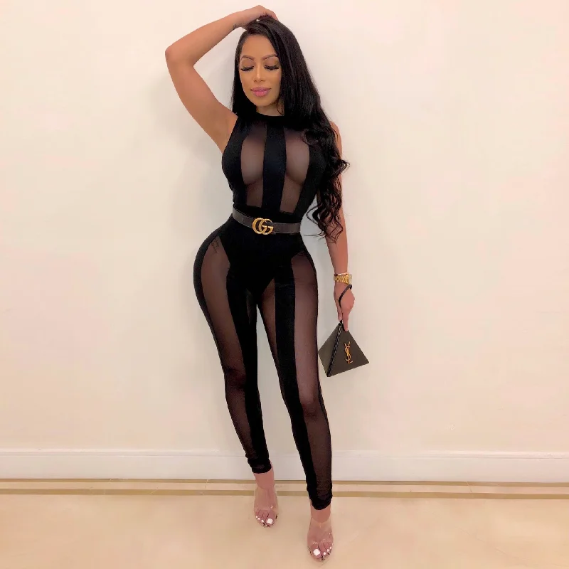 Black Mesh Stripe Transparent Sleeveless Bodycon Jumpsuit