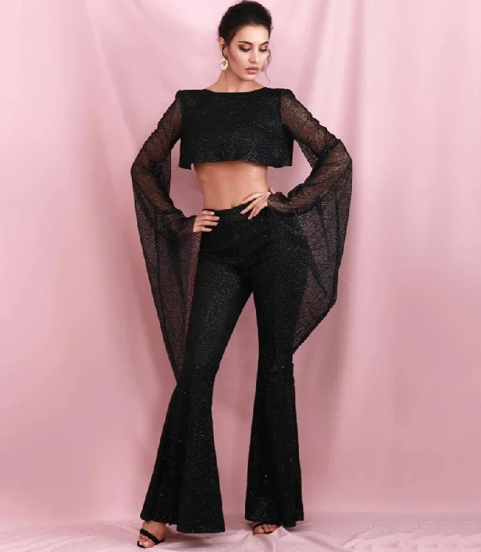 Cut Out Open Back Trumpet Shape Glitter Long Sleeve Jumpsuit