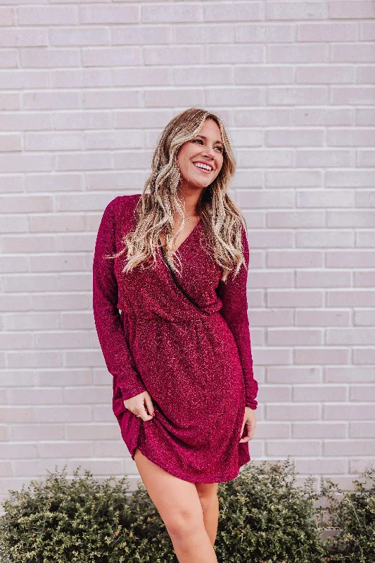 Only You Surplice Neck Sparkle Knit Dress In Magenta