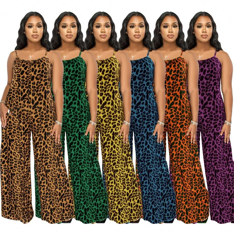 Wholesale Plus Size Strap Cheetah Print Womens Jumpsuit Leopard Print Wide Leg Jumpsuit Leopard Oversized Jumpsuits For Women