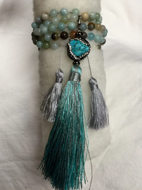 Blue Agate and Turquoise Long Tassel Necklace