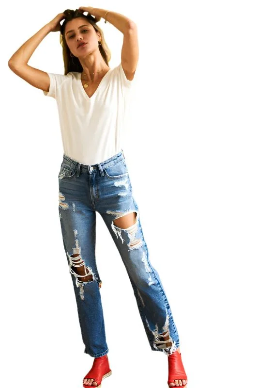 Super High Rise Tattered Ankle Straight Jeans by Flying Monkey